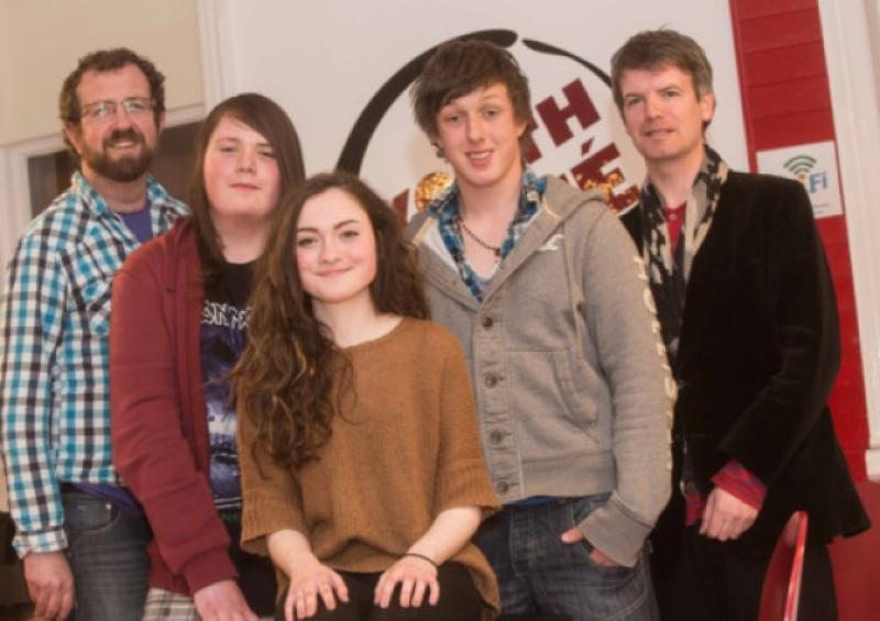 The final of the Desart Hall Youth-Cafe's Acoustipalooza  was held on Saturday evening and pictured here are winners, Emily Tracy (15) and Bill Trait (17) who make up 'The Oreo Milkshake Experience' and runner up Danny Burke with judges, Mick Greene and Canice Kenealy. Photo: Pat Moore.