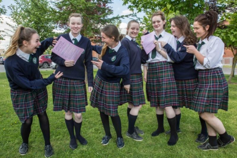 Grace Brophy, Aine Bradley, Sarah Corcoran, Emily Gallagher, Leanne O'Brien, Jessica Morrissey and Megan O'Connelly were happy to have finshed the first english paper of the Leaving Certificate at the Presentation Convent Secondary School. Photo: Pat Moore.
