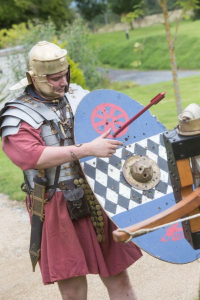 A Roman soldier sees how lucky he was as an arrow is in his shield at Lyrath Estate Hotel during the Romans in Kilkenny event as part of Heritage Week. Photo: Pat Moore.