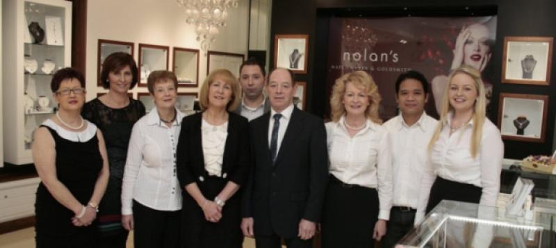 Carmel Long, Margaret Breen, Esther Byrne, Margaret Ryan, Stephen Ryan, Seamus Ryan, Maria Ryan, Emrio Flores and Eimear Hughes at the opeing of the new Nolans Jewellers in Market Cross.  (Photo: Eoin Hennessy)