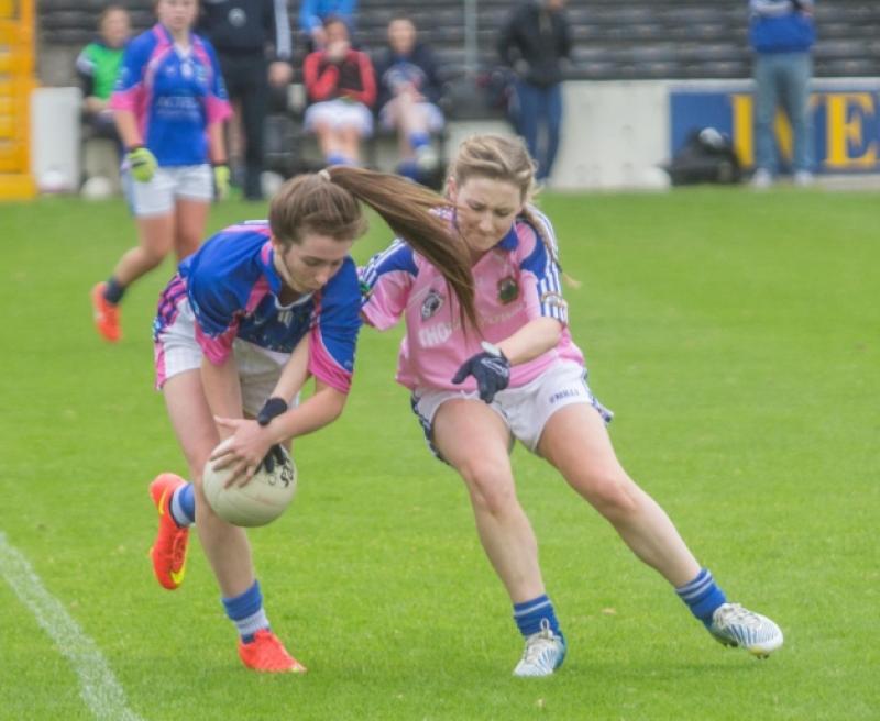 Caoilfhionn O'Hagan (Erins Own) and Lynn Boland (Thomastown) pictured during the Kilkenny Junior Championship Final at Nowlan Park last Sunday morning. Photo: Pat Moore.