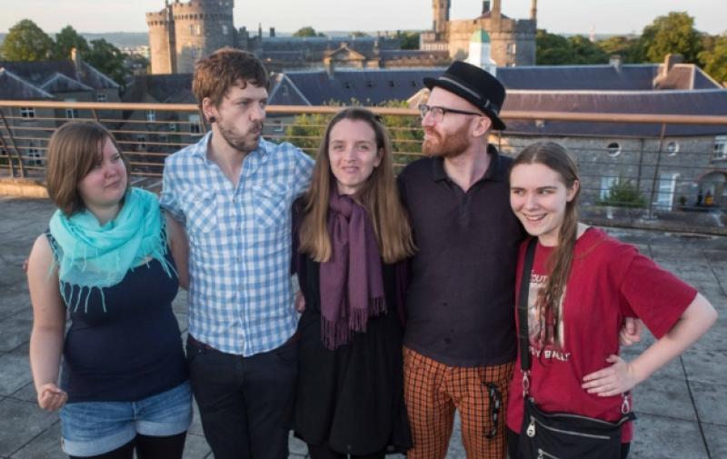 Ready for the Paint Off! Sandra Andersen, Clara Baidel, Paul Young and Julia Brand of Cartoon Saloon with Graffiti artist, Mick Minogue on the roof of the Pembroke Hotel before the Paint Off event last Friday night as part of the IDEATE Festival. Photo: Pat Moore.