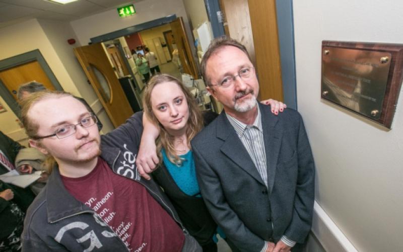 Conor Mac Liam the husband of the late Susie Long as well as Susie's daughter Aine and son Fergus pictured during the opening of six palliative care beds at St Luke's General Hospital in Kilkenny in memory of Susie Long. Photo: Pat Moore.