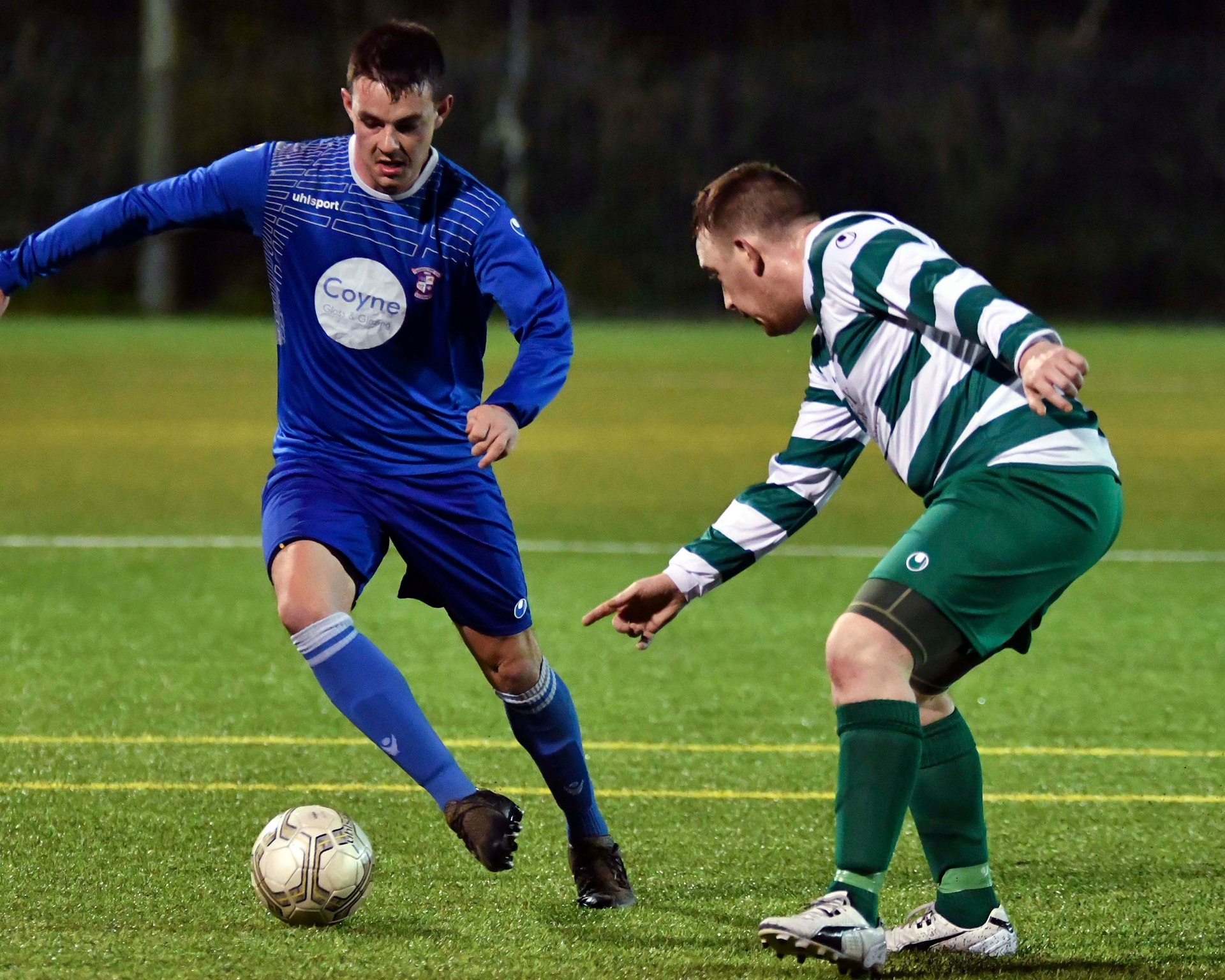 Ger Hayes (Freebooters A) takes on John Brett (Evergreen B). Photo: Michael Brophy